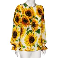 Pre Owned Dolce & Gabbana Yellow Sunflower Printed Silk Blouse M