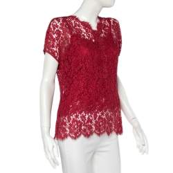 Pre Owned Dolce & Gabbana Red Floral Lace Button Detail Top L