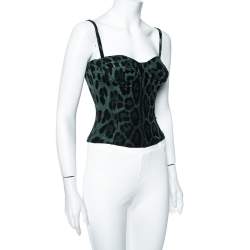 Pre Owned Dolce & Gabbana Dark Green Leopard Print Silk Bustier Top S 