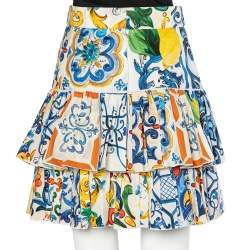 Pre Owned Dolce & Gabbana Multicolor Majolica Printed Cotton Tiered Skirt M