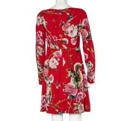Pre Owned Dolce & Gabbana Red Crepe Enchanted Forest Print Long Sleeve Dress M