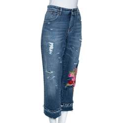 Pre Owned Dolce & Gabbana Indigo Light Wash Denim Embellished Capri Boyfriend Jeans M