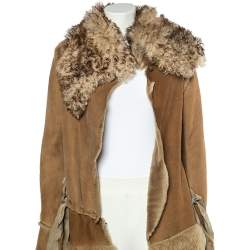 Pre Owned Dolce & Gabbana Beige Fur And Leather Stitch Detail Tie Front Overcoat S