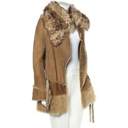 Pre Owned Dolce & Gabbana Beige Fur And Leather Stitch Detail Tie Front Overcoat S