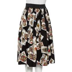 Pre Owned Dolce & Gabbana Black Cotton Playing Cards Print Pleated Midi Skirt S