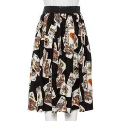 Pre Owned Dolce & Gabbana Black Cotton Playing Cards Print Pleated Midi Skirt S