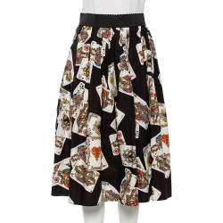 Pre Owned Dolce & Gabbana Black Cotton Playing Cards Print Pleated Midi Skirt S