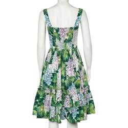 Pre Owned Dolce & Gabbana Green Hydrangea Print Cotton Poplin Elasticized Waist Dress M