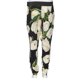 Pre Owned Dolce & Gabbana Black Tulip Printed Crepe Tapered Leg Trousers L
