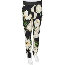 Pre Owned Dolce & Gabbana Black Tulip Printed Crepe Tapered Leg Trousers L