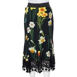Pre Owned Dolce & Gabbana Black Floral Printed Crepe & Lace Trim Cady Skirt M