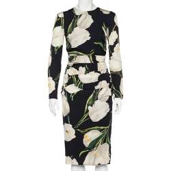 Pre Owned Dolce & Gabbana Black Tulip Printed Silk Ruched Midi Dress M