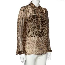 Pre Owned Dolce & Gabbana Brown Animal Printed Silk Neck Tie Detail Top M