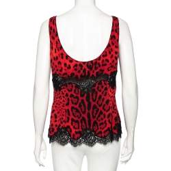 Pre Owned Dolce & Gabbana Red Leopard Print Silk Sleeveless Top L