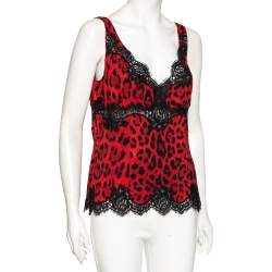 Pre Owned Dolce & Gabbana Red Leopard Print Silk Sleeveless Top L