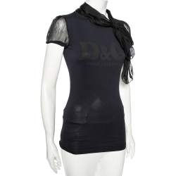 Pre Owned Dolce & Gabbana Black Logo Printed Cotton Knit And Silk Neck Tie Detail T-Shirt XS