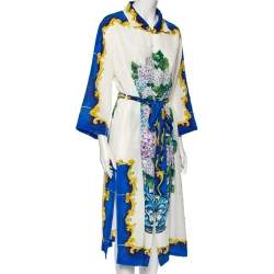 Pre Owned Dolce & Gabbana White Bouquet Printed Silk Button Down Belted Dress L
