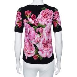 Pre Owned Dolce & Gabbana Black Floral Printed Crepe Short Sleeve Top S