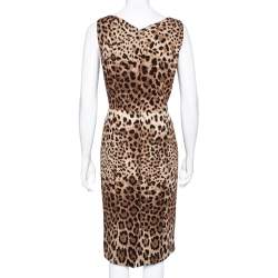 مملوكة مسبقًا فستان دولتشي أند غابانا حرير نقشة الفهد بني بلا أكمام مقاس كبير - لارج