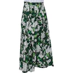 Pre Owned Dolce & Gabbana Green Floral Printed Cotton Pleated Flared Pants M