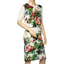 Pre Owned Dolce & Gabbana Cream Floral Embossed Jacquard Top & Silk Skirt L