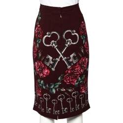 Dolce & Gabbana Burgundy Key And Floral Printed Crepe Pencil Skirt L