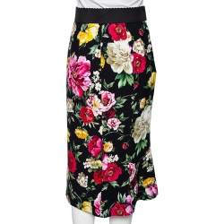 Pre Owned Dolce & Gabbana Black Floral Printed Silk Pencil Skirt S