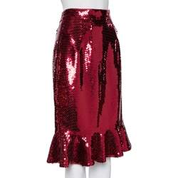 Pre Owned Dolce & Gabbana Red Sequin Embellished Flared Hem Detailed Skirt M