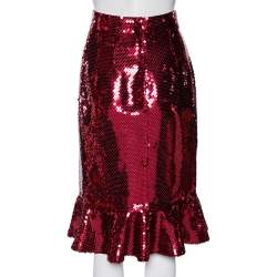 Pre Owned Dolce & Gabbana Red Sequin Embellished Flared Hem Detailed Skirt M