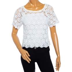 Pre Owned Dolce & Gabbana White Crochet Lace Short Sleeve Top S