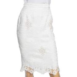Pre Owned Dolce & Gabbana Ivory Floral Jacquard & Lace Inset Detailed Pencil Skirt S