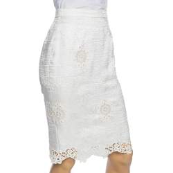 Pre Owned Dolce & Gabbana Ivory Floral Jacquard & Lace Inset Detailed Pencil Skirt S