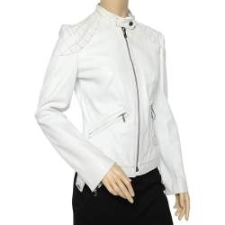 مملوكة مسبقًا جاكيت دولتشي أند غابانا جلد أبيض أكتاف مبطنة بسحاب أمامي مقاس متوسط - ميديوم