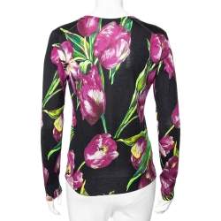 Pre Owned Dolce & Gabbana Black Tulip Print Cashmere V-Neck Jumper M