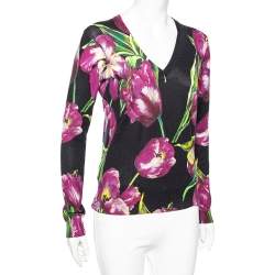 Pre Owned Dolce & Gabbana Black Tulip Print Cashmere V-Neck Jumper M