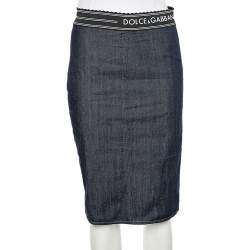 مملوكة مسبقًا Dolce & Gabbana Navy Blue Denim & Synthetic Paneled Logo Waist Band Detail Pencil Skirt M