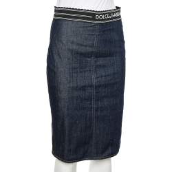 مملوكة مسبقًا Dolce & Gabbana Navy Blue Denim & Synthetic Paneled Logo Waist Band Detail Pencil Skirt M