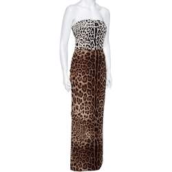 Pre Owned Dolce & Gabbana Leopard Printed Silk Crepe Strapless Maxi Dress M