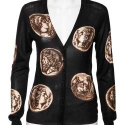 Pre Owned Dolce & Gabbana Black Ancient Coin Print Silk Knit Cardigan M