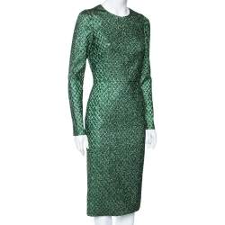 Pre Owned Dolce & Gabbana Green Metallic Jacquard Long Sleeve Midi Dress M
