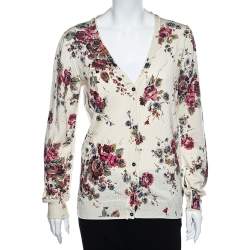 D&G Cream Floral Printed Wool Button Front Cardigan L 