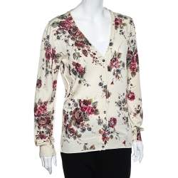 D&G Cream Floral Printed Wool Button Front Cardigan L 