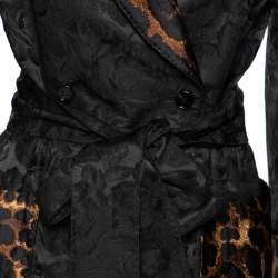 Dolce & Gabbana Black & Leopard Print Trimmed Jacquard Belted Coat S