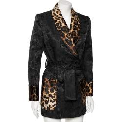 Dolce & Gabbana Black & Leopard Print Trimmed Jacquard Belted Coat S