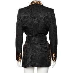 Dolce & Gabbana Black & Leopard Print Trimmed Jacquard Belted Coat S