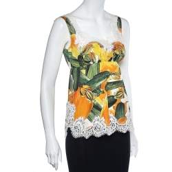Pre Owned Dolce & Gabbana Multicolor Zucchini Printed Cotton & Lace Sleeveless Top S
