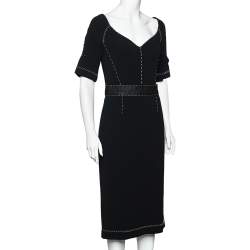 Pre Owned Dolce & Gabbana Black Crepe Contrast Detail Midi Dress L