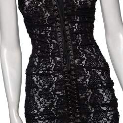 Pre Owned Dolce & Gabbana Black Lace Ruched Sleeveless Mini Dress XS