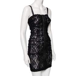 Pre Owned Dolce & Gabbana Black Lace Ruched Sleeveless Mini Dress XS