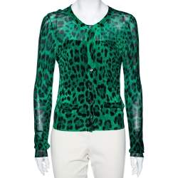 Pre Owned Dolce & Gabbana Green Animal Print Knit Button Front Cardigan M